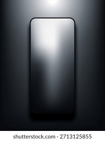 La pantalla de Vertical de la maqueta del teléfono inteligente realista gradiente metálico plateado sobre fondo oscuro del estudio. el foco brillante desde arriba enfatiza el minimalismo moderno premium, espacio de copia para contenido promocional