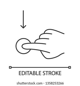 Vertical scroll down gesture linear icon. Touchscreen gesturing. Human hand and fingers. Using sensory devices. Thin line illustration. Contour symbol. Vector isolated outline drawing. Editable stroke