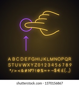 Vertical scroll up gesturing neon light icon. Touchscreen gesture. Tap, point, click. Using sensory devices. Glowing sign with alphabet, numbers and symbols. Vector isolated illustration