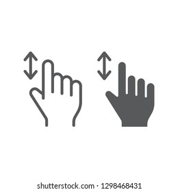 Vertical scroll line and glyph icon, finger and gesture, hand sign, vector graphics, a linear pattern on a white background, eps 10.