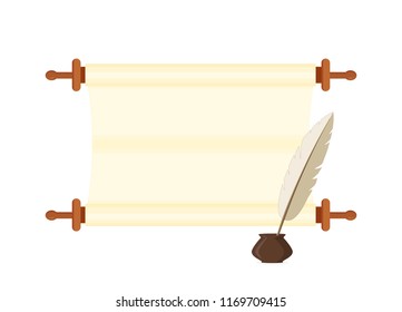 Vertical scroll with space for text, quill and inkwell, isolated on white background