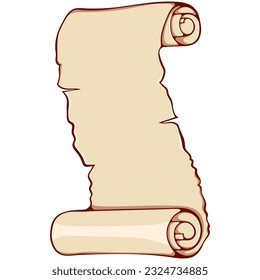 Vertical scroll unrolled old paper. Ancient scroll with copyspace. Vector illustrations in color cartoon style isolated on white. Simple graphic for print. Banner parchment with space for text