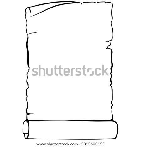 Vertical scroll unrolled old papyrus. Ancient scroll with copyspace. Vector illustrations in hand drawn sketch style isolated on white. Black outline graphics. Banner parchment with place for text