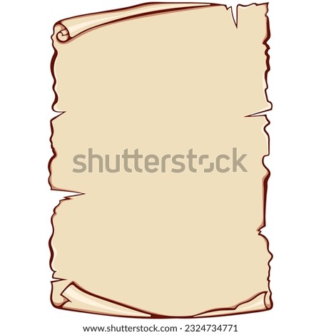 Vertical scroll unrolled old papyrus. Ancient scroll with copyspace. Vector illustrations in color cartoon style isolated on white. Design for print. Banner parchment with space for text