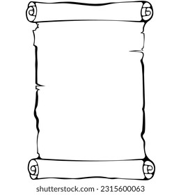 Papel desenrollado vertical. Desplazamiento antiguo con espacio de copia. Ilustraciones vectoriales en el estilo de esbozo dibujado a mano aisladas en blanco. Gráficos de contorno negro. Pergamino de carteles con espacio para texto