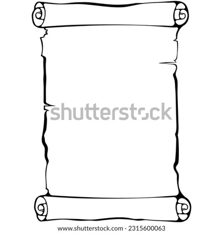 Vertical scroll unrolled paper. Ancient scroll with copyspace. Vector illustrations in hand drawn sketch style isolated on white. Black outline graphics. Banner parchment with space for text