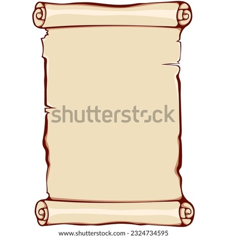 Vertical scroll unrolled paper. Ancient scroll with copyspace. Vector illustrations in color cartoon style isolated on white. Simple graphic for print. Banner parchment with space for text