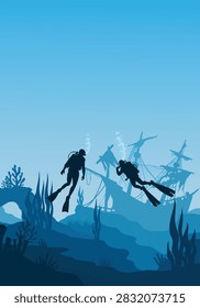 Vertical Scuba Divers Exploring Deep Ocean Shipwreck Silhouette Flat Vector Background