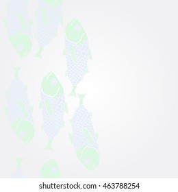 Vertical   sea  pattern,   hole, spots,waves,scale, fishes, doodles,  copy space . Hand drawn.