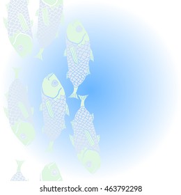 Vertical   sea  pattern,   hole, spots,waves,scale, fishes, doodles,  copy space . Hand drawn.
