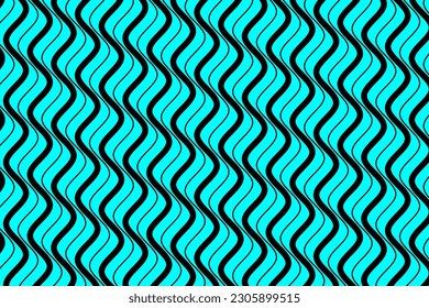 Patrón de tejido artístico de las líneas de olas de mar verticales. Bandas onduladas de movimiento geométrico negro sobre el vector de fondo azul acuático. Tiras de curva de ilusión óptica abstracta. Patrón de baldosas de cerámica en pared y suelo.