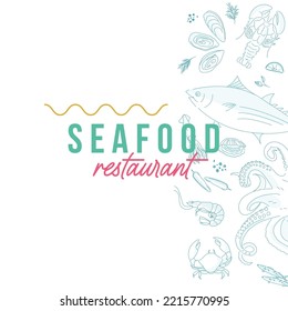 Vertical seafood border for booklet or menu on white background. Hand drawn sea fishes and fish fillet, oysters, mussels, lobster, squid and octopus, crabs, prawns. Healthy food natural set.