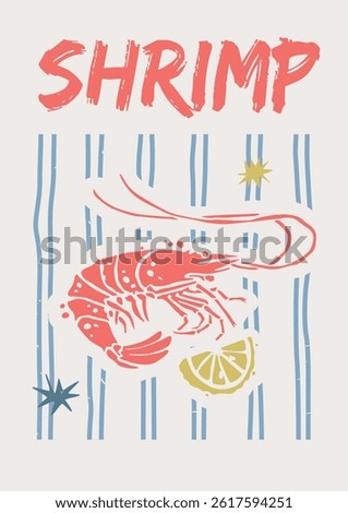 Vertical seafood poster A3 with red shrimp silhouette on blue stripes. Print wall art. Mediterranean aesthetic. Vector hand drawn graphic.