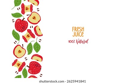 Vertical Seamless Apple border with fruits and leaves. Apple border with organic farm food. Hand drawn summer vector illustration for card, invitation, market. Harvest festival background, Fresh Juice