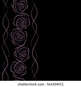 Vertical seamless background in black and pink roses silhouette. Vector seamless background with colored spots and copy space (place for your text).