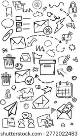 A vertical seamless background featuring hand-drawn email icons such as paper planes, mailboxes, secured messages with locks, and letters with money or photos. Ideal for mobile app interfaces and communication-themed designs.