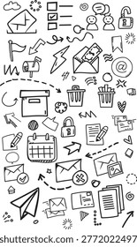 A vertical seamless background featuring hand-drawn email icons such as paper planes, mailboxes, secured messages with locks, and letters with money or photos. Ideal for mobile app interfaces and communication-themed designs.