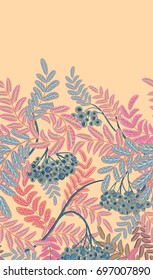 Vertical seamless background with pastel pink and blue berries and branches of ripe rowan on beige background. Hand drawn illustration 
