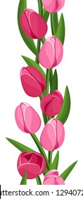 Vertical seamless background with pink tulips. Vector illustration.