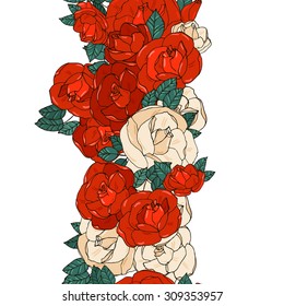 Vertical seamless background with red roses. Row of flowers.