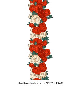 Vertical seamless background with red roses. Row of flowers