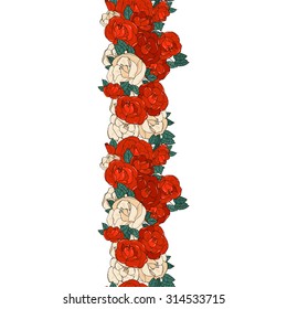 Vertical seamless background with red roses. Row of flowers.