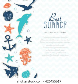 Vertical seamless background with stickers on the marine theme. Vector illustration for your design