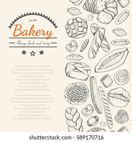 Vertical seamless background with various bakery products. Vector illustration for your design