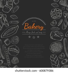 Vertical seamless background with various bakery products. Vector illustration for your design
