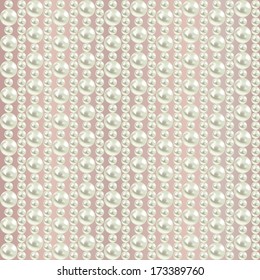 vertical seamless background with white realistic pearls different size on natural beige pink. vector illustration