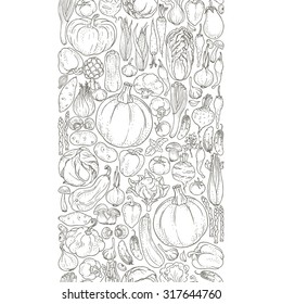 Vertical seamless banner of vegetables and spices, hand-drawn illustration in vintage style.