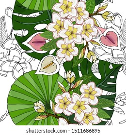 Vertical seamless border with beautiful frangipany, Calla and palm leaf vector illustration. Exotic flowers seamless pattern.