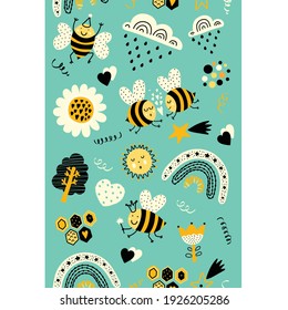Vertical seamless border with bees, rainbows and stars.