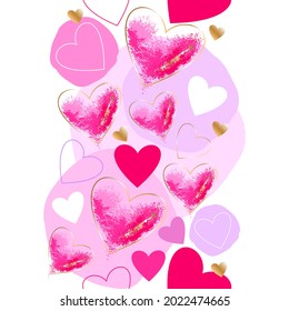 Vertical seamless border. Bright pink, crimson, gold hearts and pastel rose, lilac round spots on a white background. Vector design template for card, cover, poster, social media.