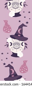 Vertical seamless border with crystal globe and witch hat, perfect to use on the web or in print