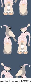 Vertical seamless border with cute gnome and birds, perfect to use on the web or in print