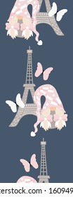 Vertical seamless border with cute valentine gnome and tour eiffel, perfect to use on the web or in print