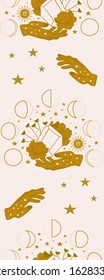 Vertical seamless border  with diamonds, hands and celestial elements, perfect to use on the web or in print