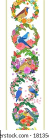 vertical seamless border with floral wreaths. birds and flying butterflies in flowers. 