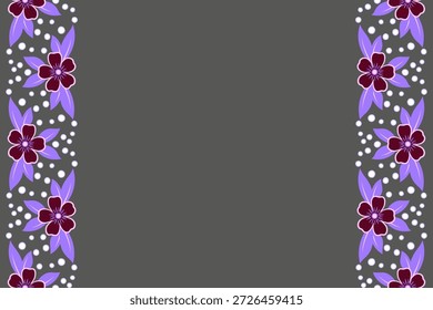 Vertical borde sin fisuras de flores y puntos. Ornamento de planta de fantasía. Decoración floral romántica con espacio libre en el centro. Flores púrpuras mágicas sobre fondo gris oscuro.