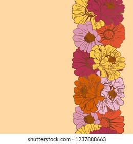 Vertical seamless border with flowers zinnia. Floral design.