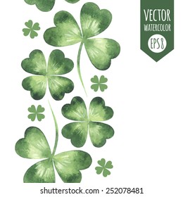 Vertical seamless border, frame made of watercolor vector clover leaves, shamrock, trefoil, quarterfoil. St. Patrick's Day watercolour design element, template for cards, greetings.