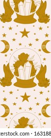 Vertical seamless border with golden hand, crystal globe and white flowers, perfect to use on the web or in print