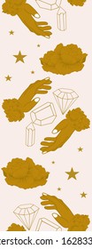 Vertical seamless border with golden hands, gems and eye, perfect to use on the web or in print
