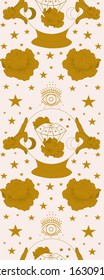 Vertical seamless border with golden magic globe, hands and celestials, perfect to use on the web or in print