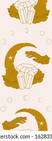 Vertical seamless border with golden moon, hands and gems, perfect to use on the web or in print