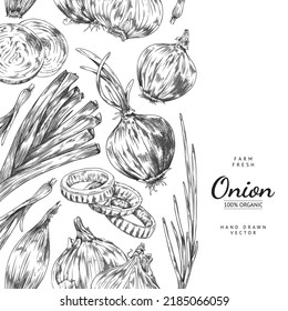 Vertical seamless border with hand drawn different onions sketch style, vector illustration on white background. Farm fresh organic product, monochrome design for menu or print