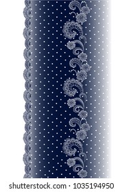 Vertical seamless border with lace pattern, Floral vector with openwork braid. Lace on a blue background with white dots