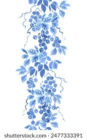 Borde sin costuras de Vertical con racimos de uvas y hojas monocromas azules sobre fondo blanco.
