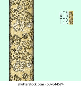 Vertical seamless border stripe design. Winter polygonal trendy style snowflakes on mint gold background. Winter holidays snowfall concept. Vector illustration stock vector.